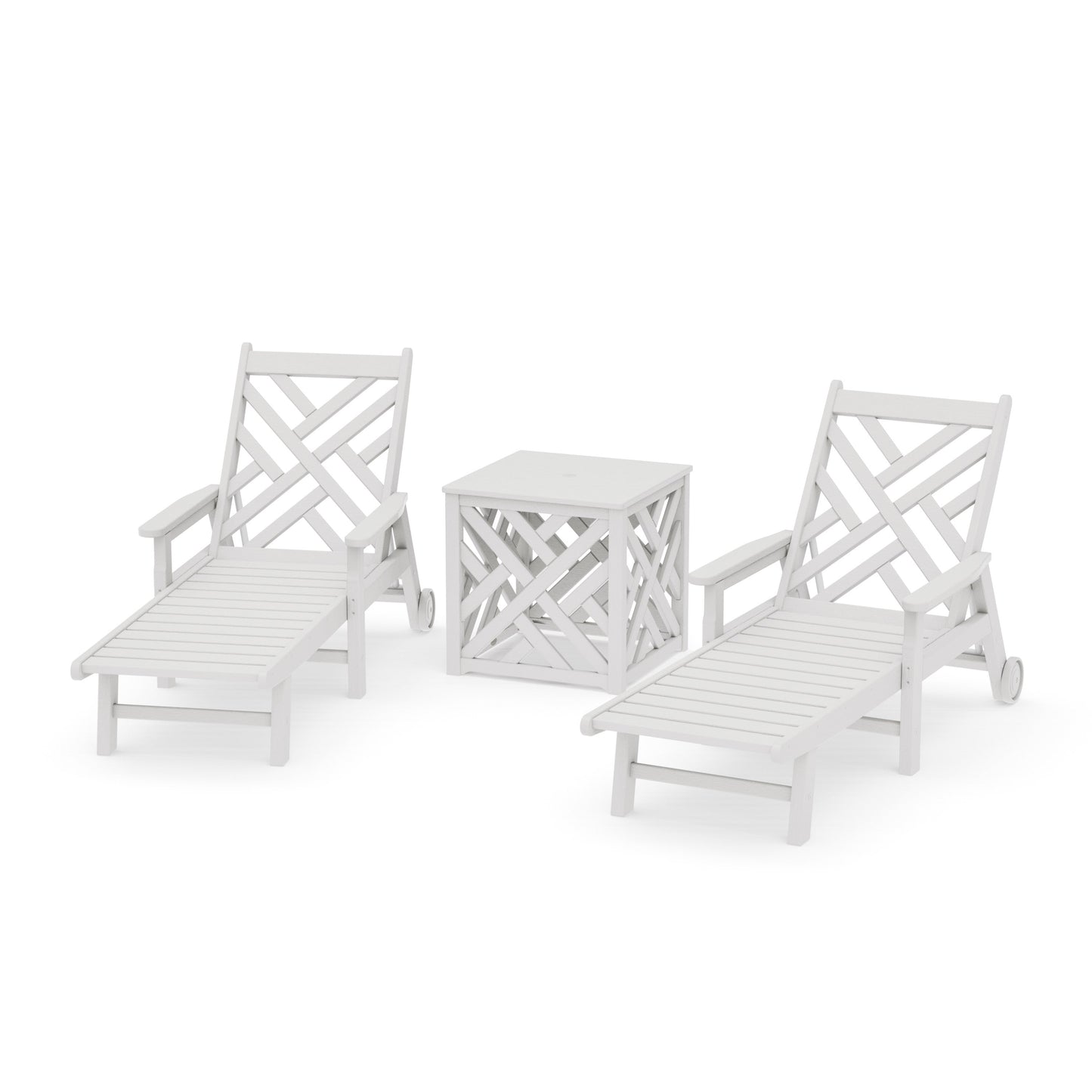 POLYWOOD Chippendale 3-Piece Chaise Set with Umbrella Stand Accent Table — Vintage White