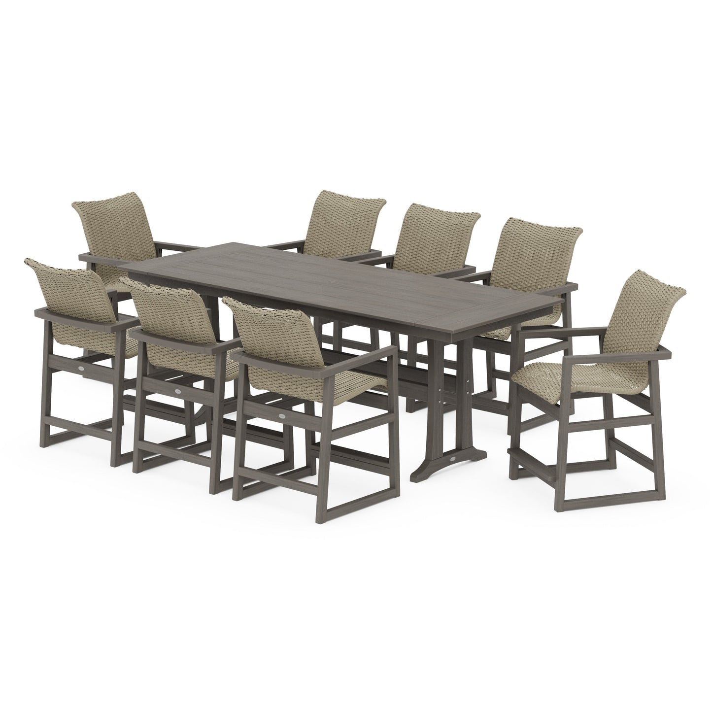 POLYWOOD EDGE Woven 9-Piece Farmhouse Counter Set with Trestle Legs — Driftwood / Dune Grass