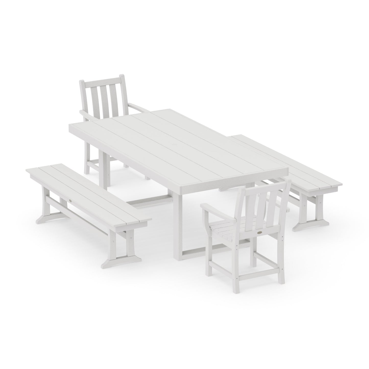 POLYWOOD Traditional Garden 5-Piece Dining Set with Benches — Vintage White