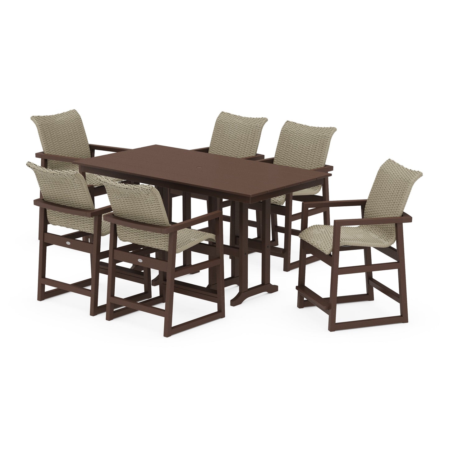 POLYWOOD EDGE Woven Arm Chair 7-Piece Farmhouse Counter Set — Mahogany / Dune Grass