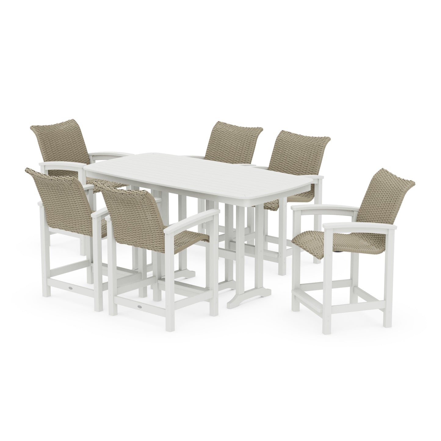 POLYWOOD Coastal Woven Arm Chair 7-Piece Counter Set — White / Dune Grass