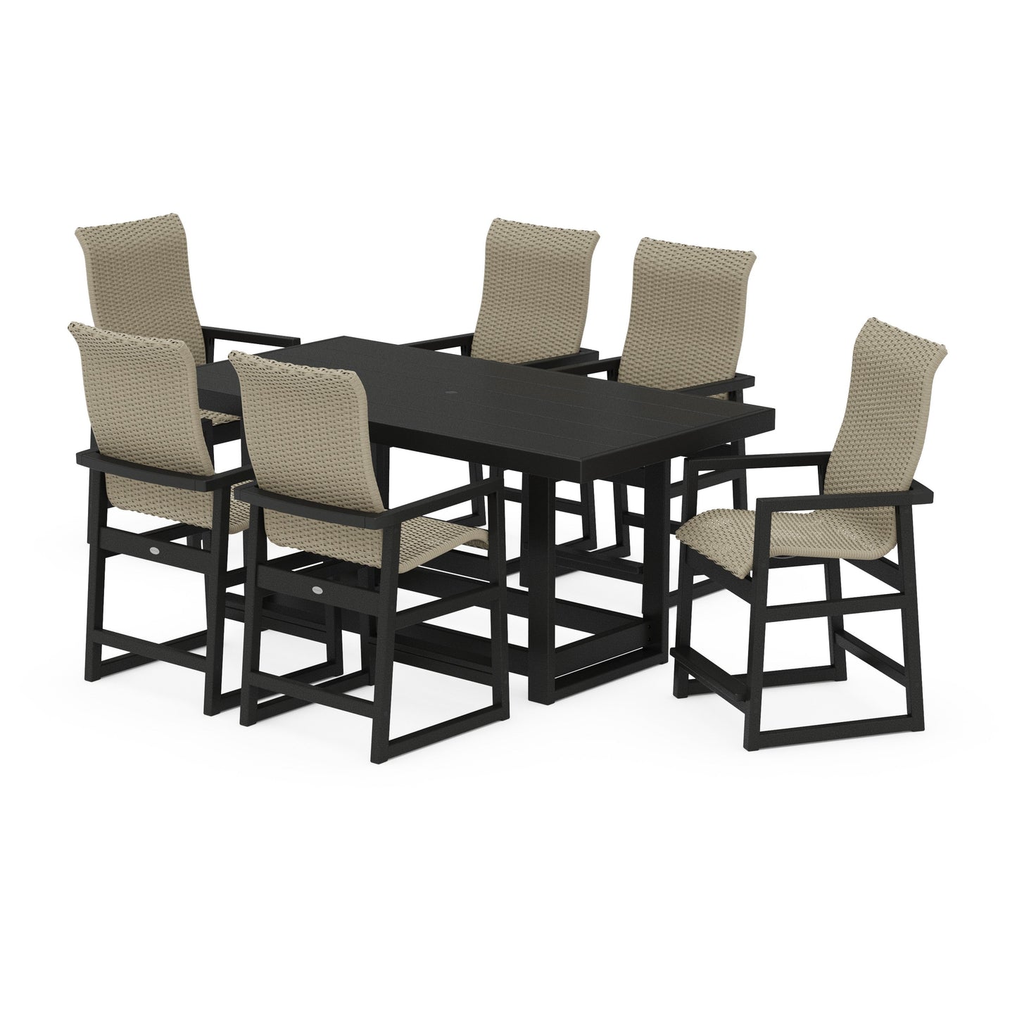 POLYWOOD EDGE Woven Highback Arm Chair 7-Piece Counter Set — Black / Dune Grass