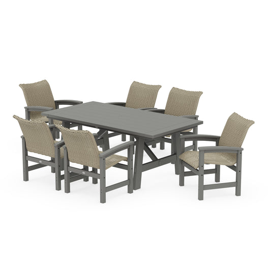 POLYWOOD Coastal Woven Arm Chair 7-Piece Rustic Farmhouse Dining Set — Slate Grey / Dune Grass