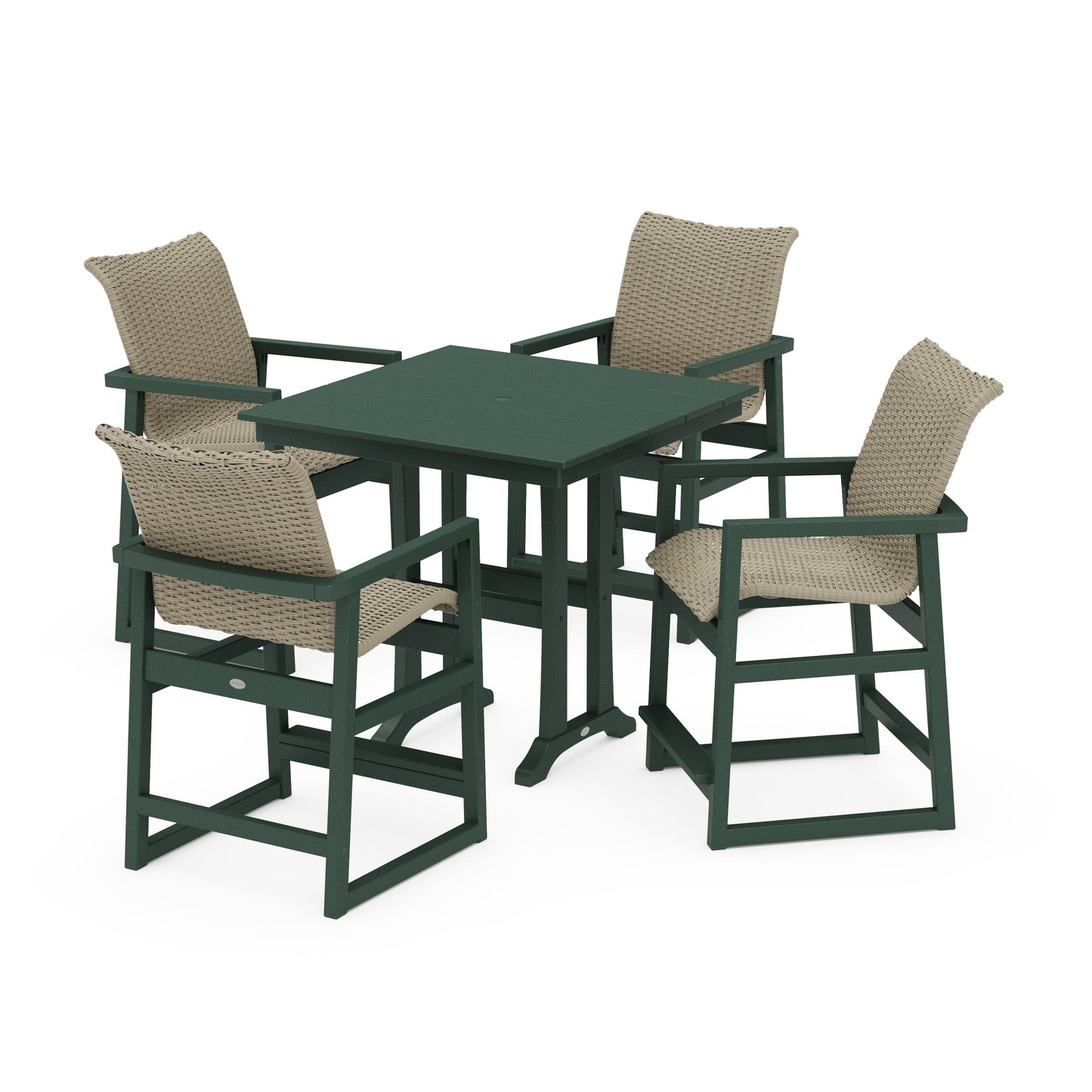 POLYWOOD EDGE Woven 5-Piece Farmhouse Counter Set with Trestle Legs — Green / Dune Grass