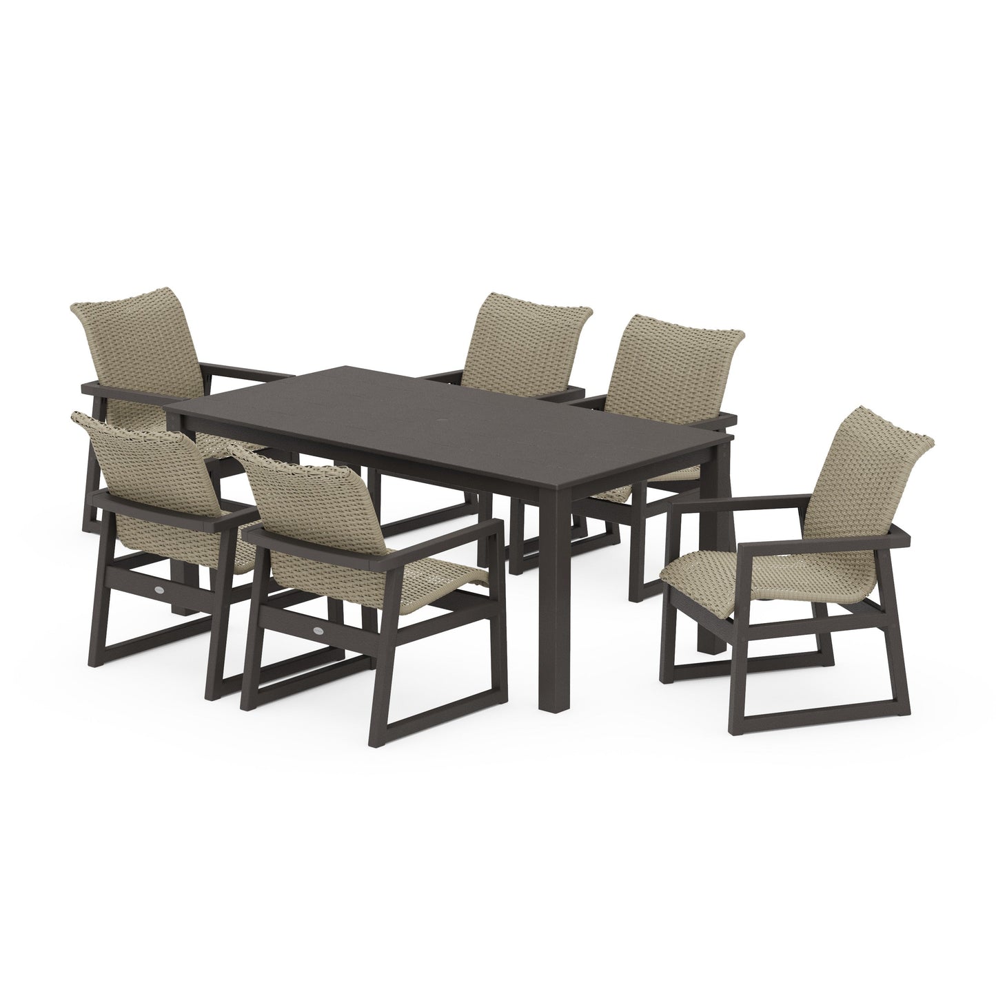 POLYWOOD EDGE Woven Arm Chair 7-Piece Parsons Dining Set — Vintage Coffee / Dune Grass