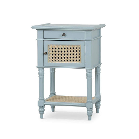 Bramble Montego Square End Table in Ocean Blue with Drawer & Rattan Natural Door