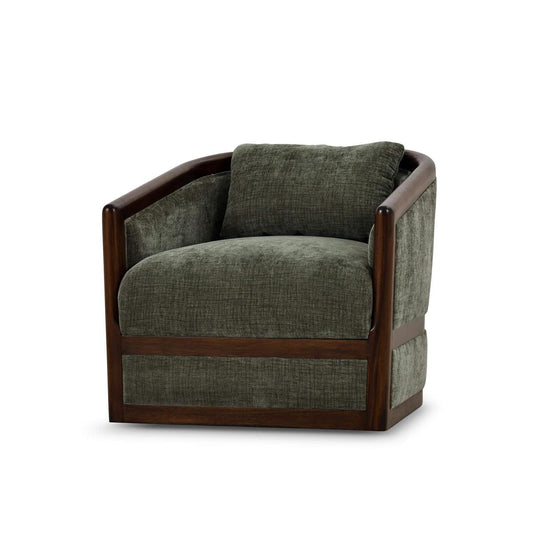 Bramble Aden Swivel Chair with Mahogany Frame in Matt Teak Brown with Thames Moss Green Performance Fabric