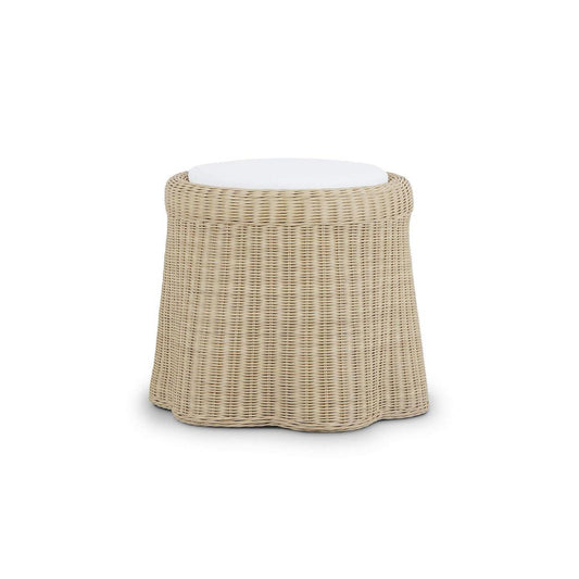 Bramble Newport in Rattan Natural Round Small Ottoman with with Arctic White Performance Fabric