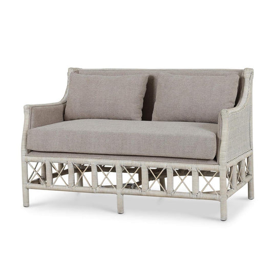 Bramble Rabana Rattan Loveseat in White Wash Rattan with Oatmeal Boucle Chenille Performance Fabric Cushion