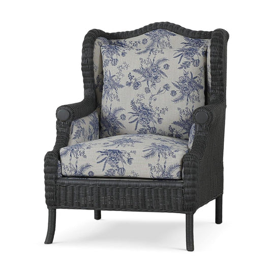 Bramble Marina Rattan Chair in Dark Charcoal Rattan with Le Jardin Blue Fabric