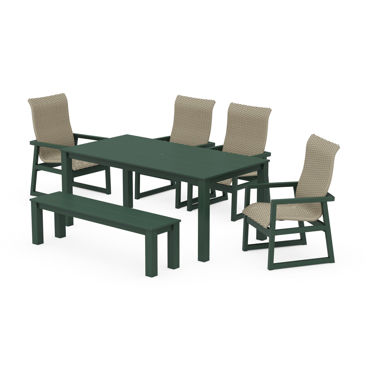 POLYWOOD EDGE Woven Highback 6-Piece Parsons Dining Set with Bench — Green / Dune Grass