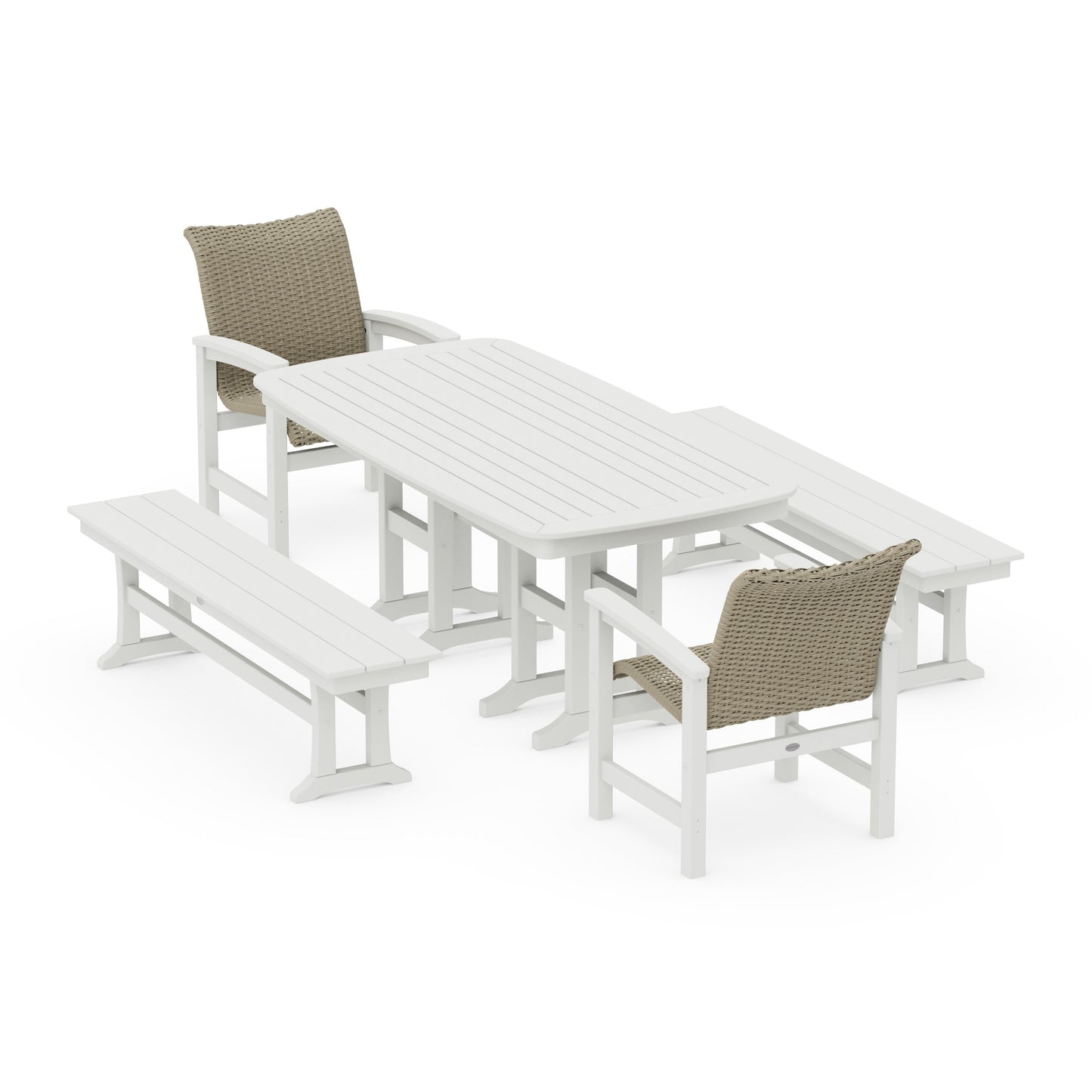 POLYWOOD Coastal Woven 5-Piece Dining Set with Benches — White / Dune Grass