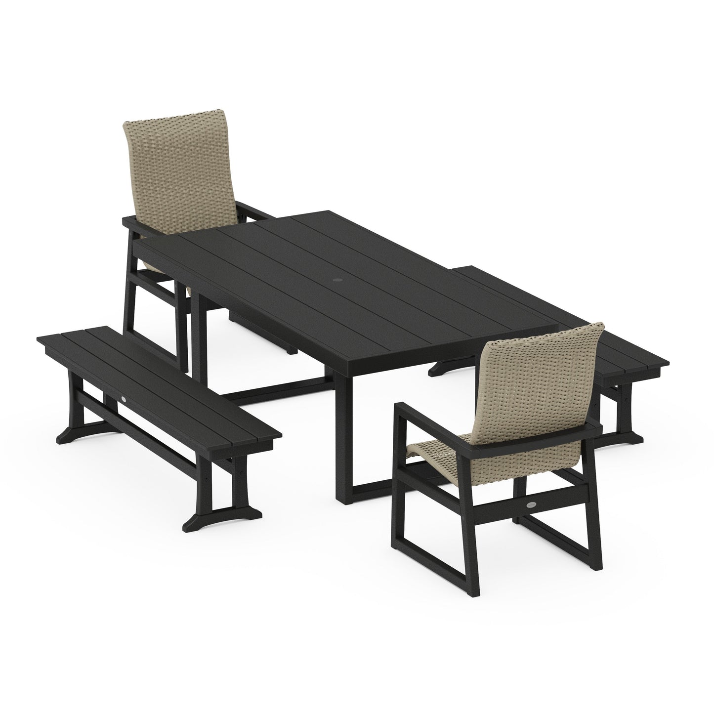 POLYWOOD EDGE Woven Highback 5-Piece Dining Set with Benches — Black / Dune Grass