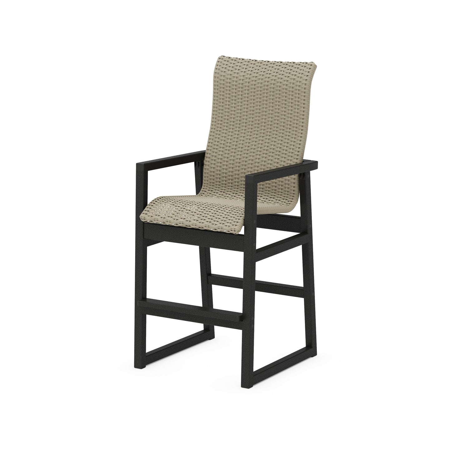 POLYWOOD EDGE Woven High-Back Bar Arm Chair — Black / Dune Grass