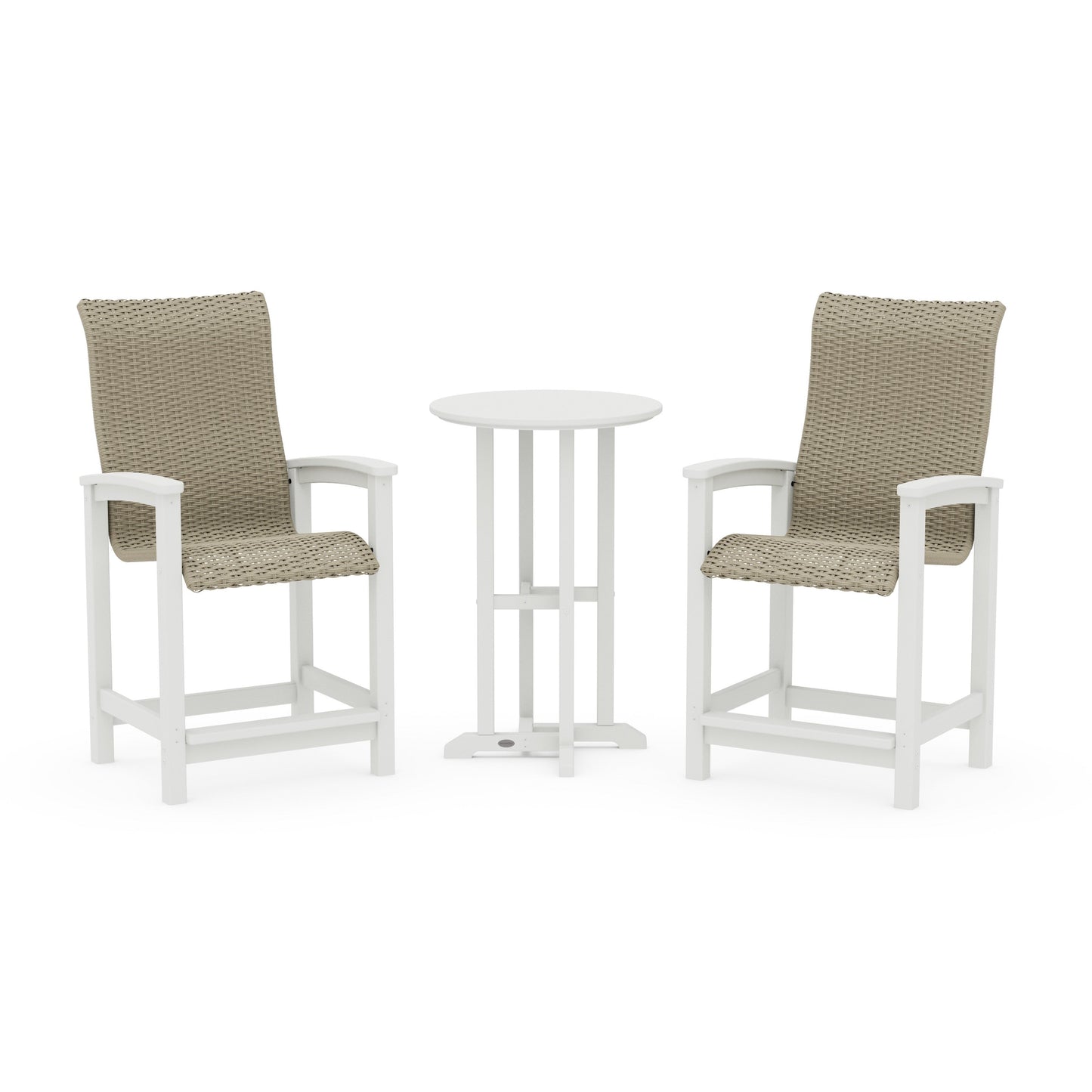 POLYWOOD Coastal Woven High-Back 3-Piece Farmhouse Counter Set — White / Dune Grass