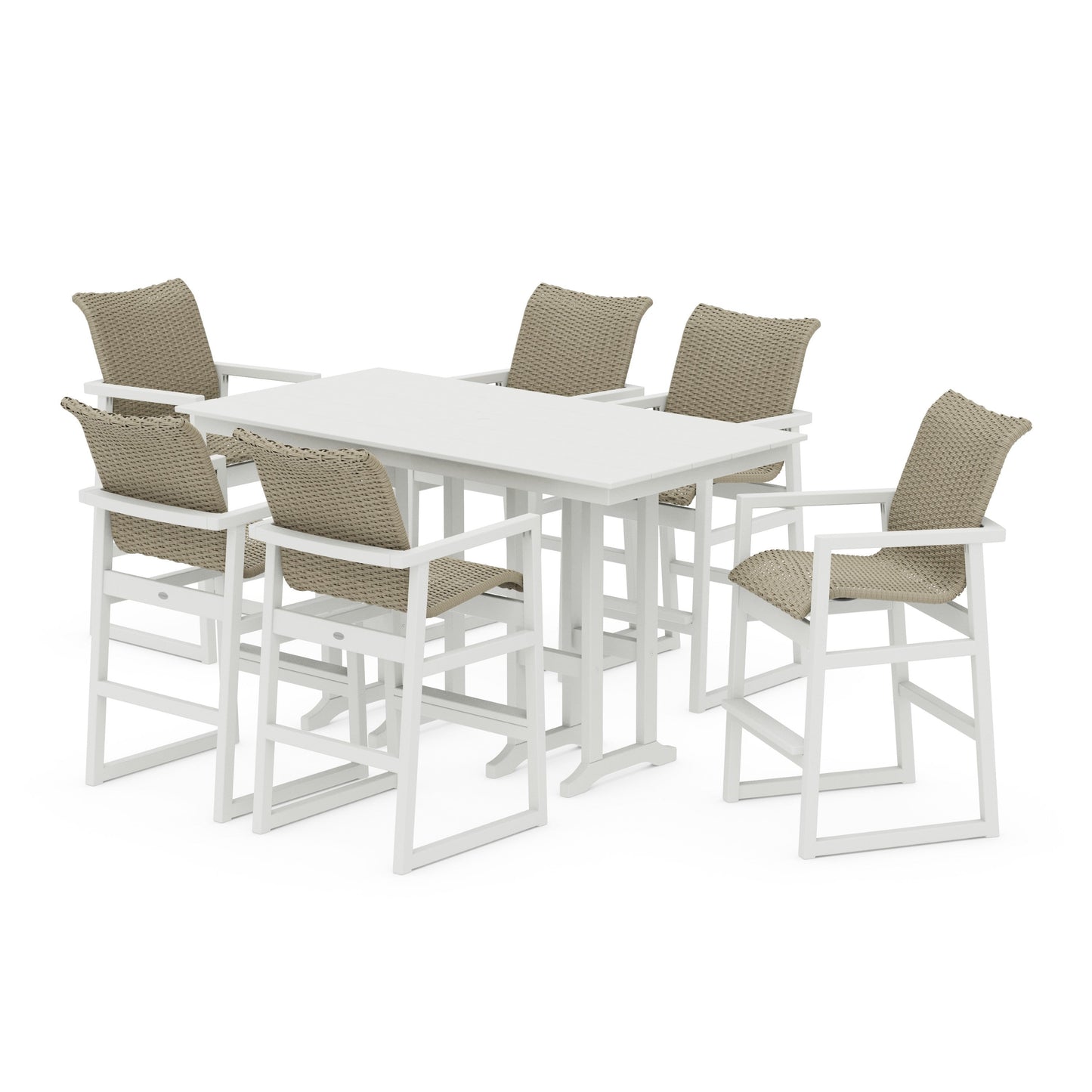 POLYWOOD EDGE Woven Arm Chair 7-Piece Farmhouse Bar Set — White / Dune Grass