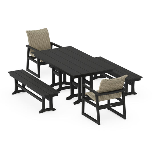 POLYWOOD EDGE Woven 5-Piece Farmhouse Dining Set with Benches — Black / Dune Grass