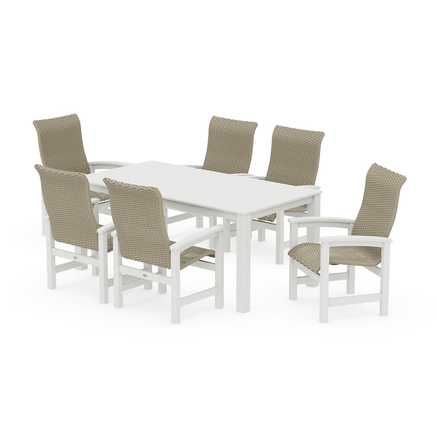 POLYWOOD Coastal Woven High-Back Arm Chair 7-Piece Parsons Dining Set — White / Dune Grass