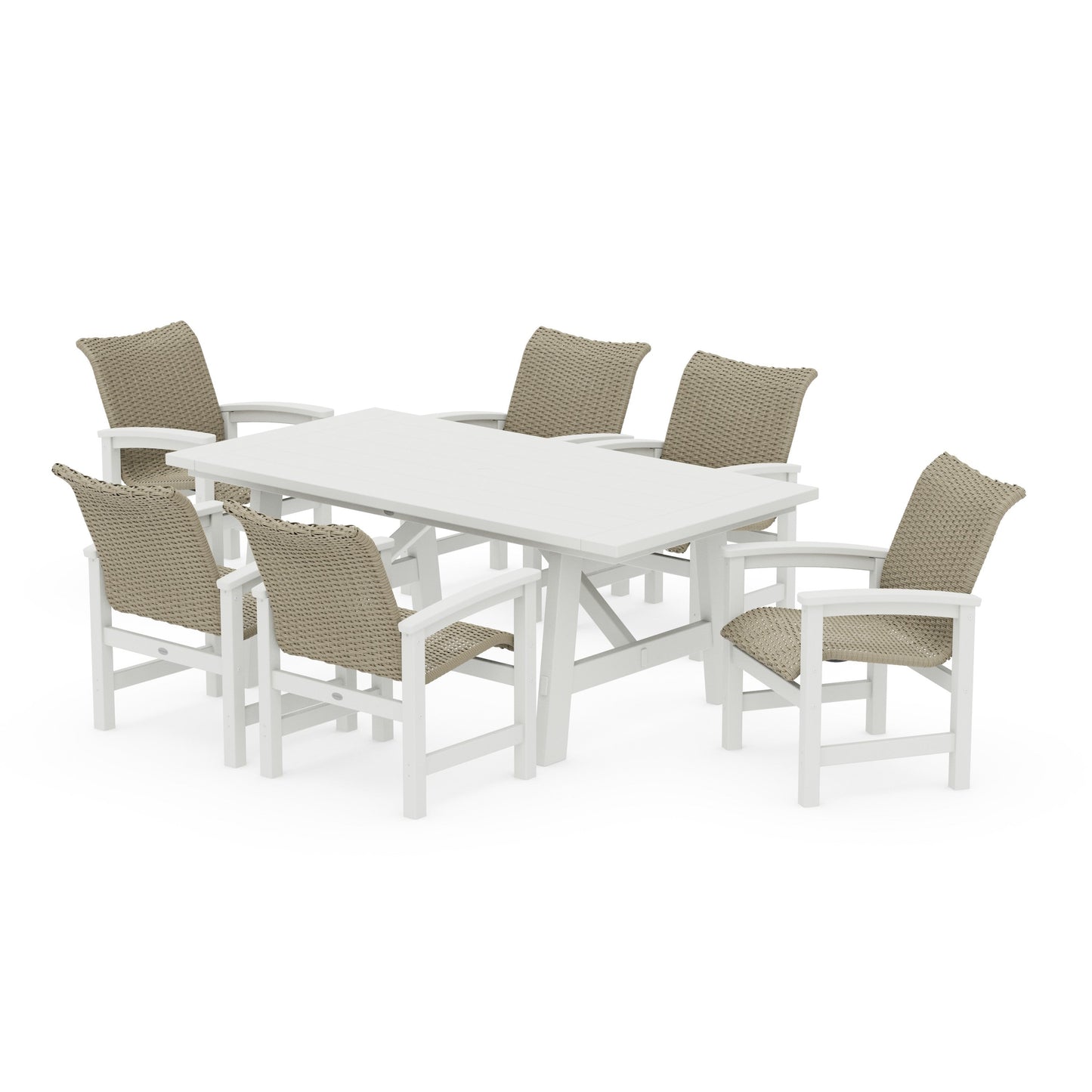 POLYWOOD Coastal Woven Arm Chair 7-Piece Rustic Farmhouse Dining Set — White / Dune Grass