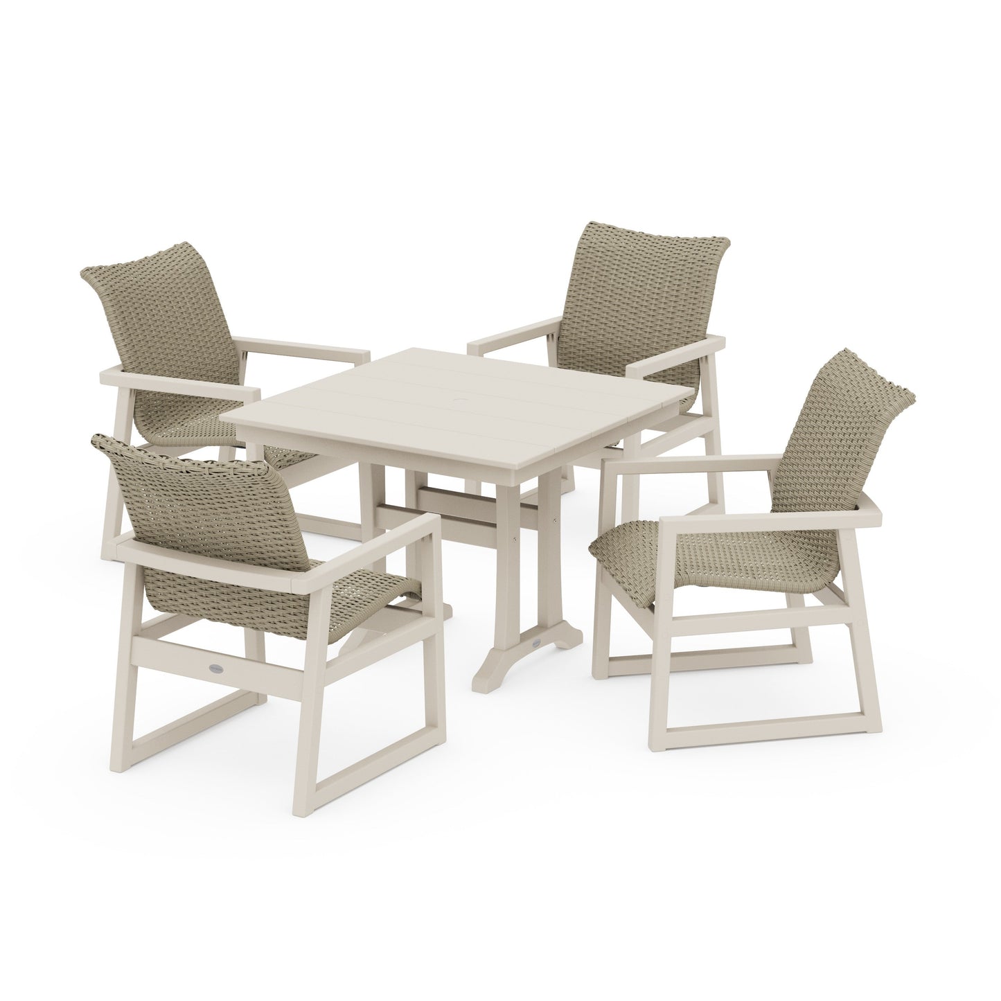 POLYWOOD EDGE Woven 5-Piece Farmhouse Dining Set with Trestle Legs — Sand / Dune Grass