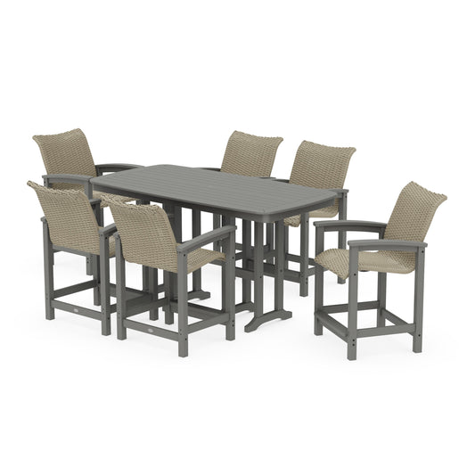POLYWOOD Coastal Woven Arm Chair 7-Piece Counter Set — Slate Grey / Dune Grass