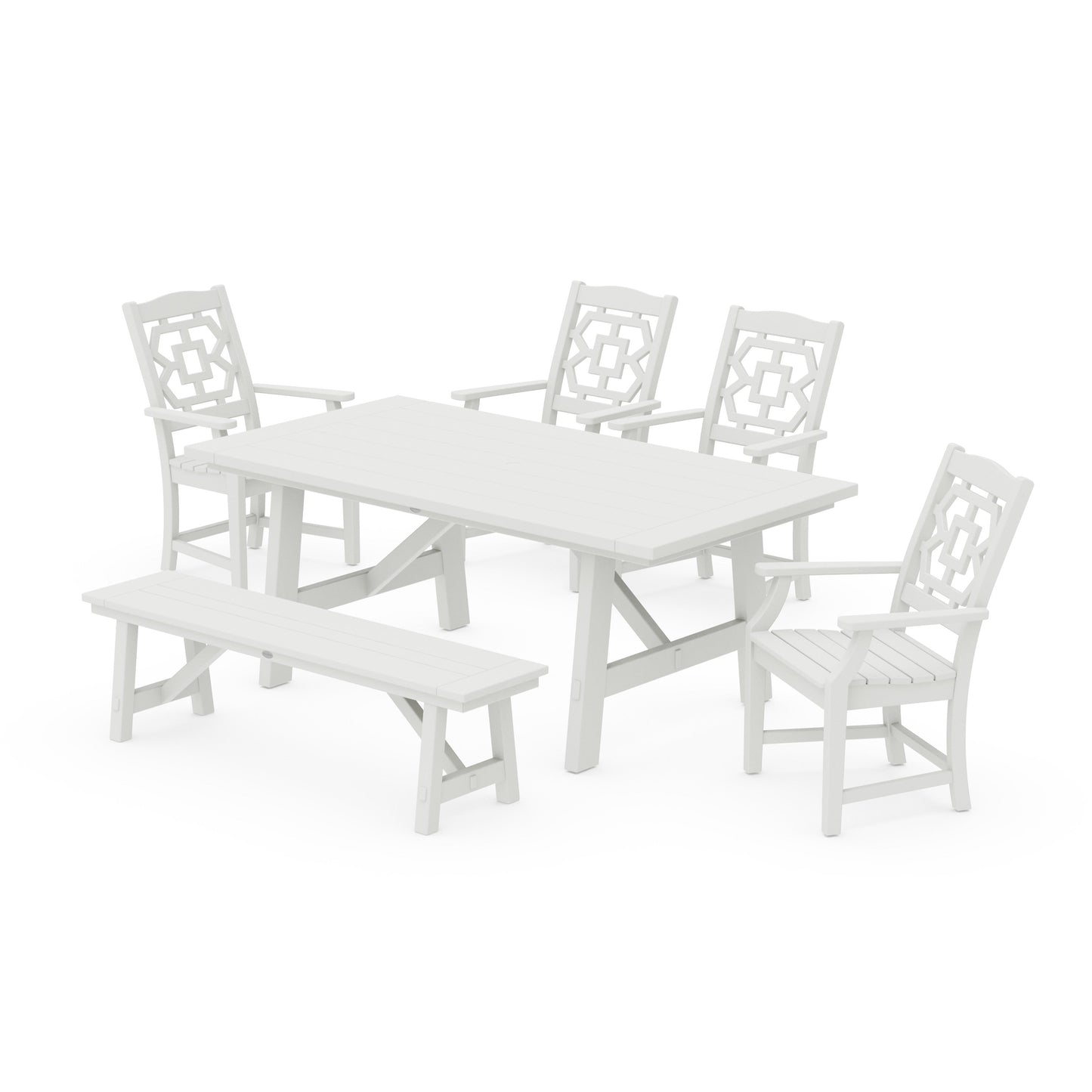 POLYWOOD Chinoiserie 6-Piece Rustic Farmhouse Dining Set with Bench — Vintage White