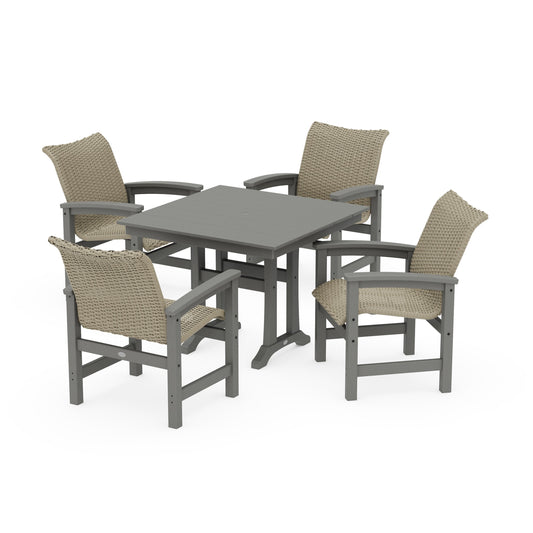 POLYWOOD Coastal Woven 5-Piece Farmhouse Dining Set with Trestle Legs — Slate Grey / Dune Grass