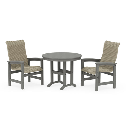 POLYWOOD Coastal Woven High-Back 3-Piece Farmhouse Dining Set — Slate Grey / Dune Grass