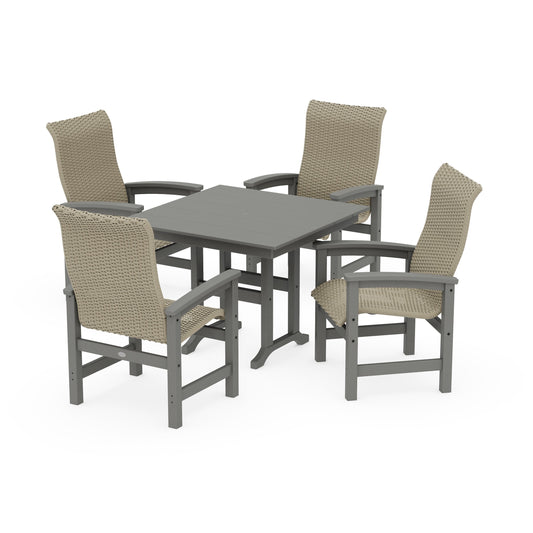 POLYWOOD Coastal Woven High-Back 5-Piece Farmhouse Dining Set — Slate Grey / Dune Grass