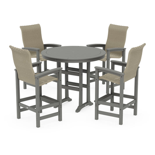 POLYWOOD Coastal Woven High-Back 5-Piece Round Bar Set — Slate Grey / Dune Grass