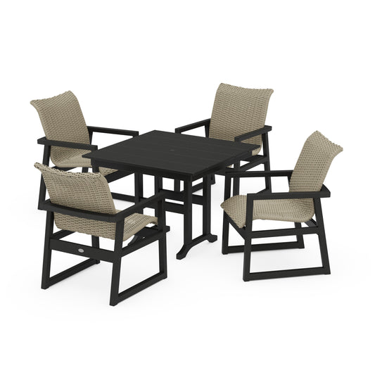 POLYWOOD EDGE Woven 5-Piece Farmhouse Dining Set — Black / Dune Grass
