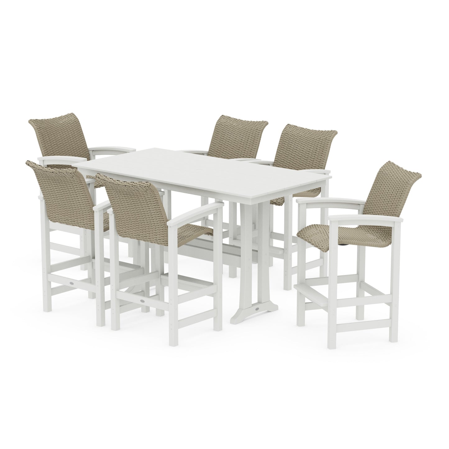 POLYWOOD Coastal Woven Arm Chair 7-Piece Farmhouse Bar Set with Trestle Legs — White / Dune Grass