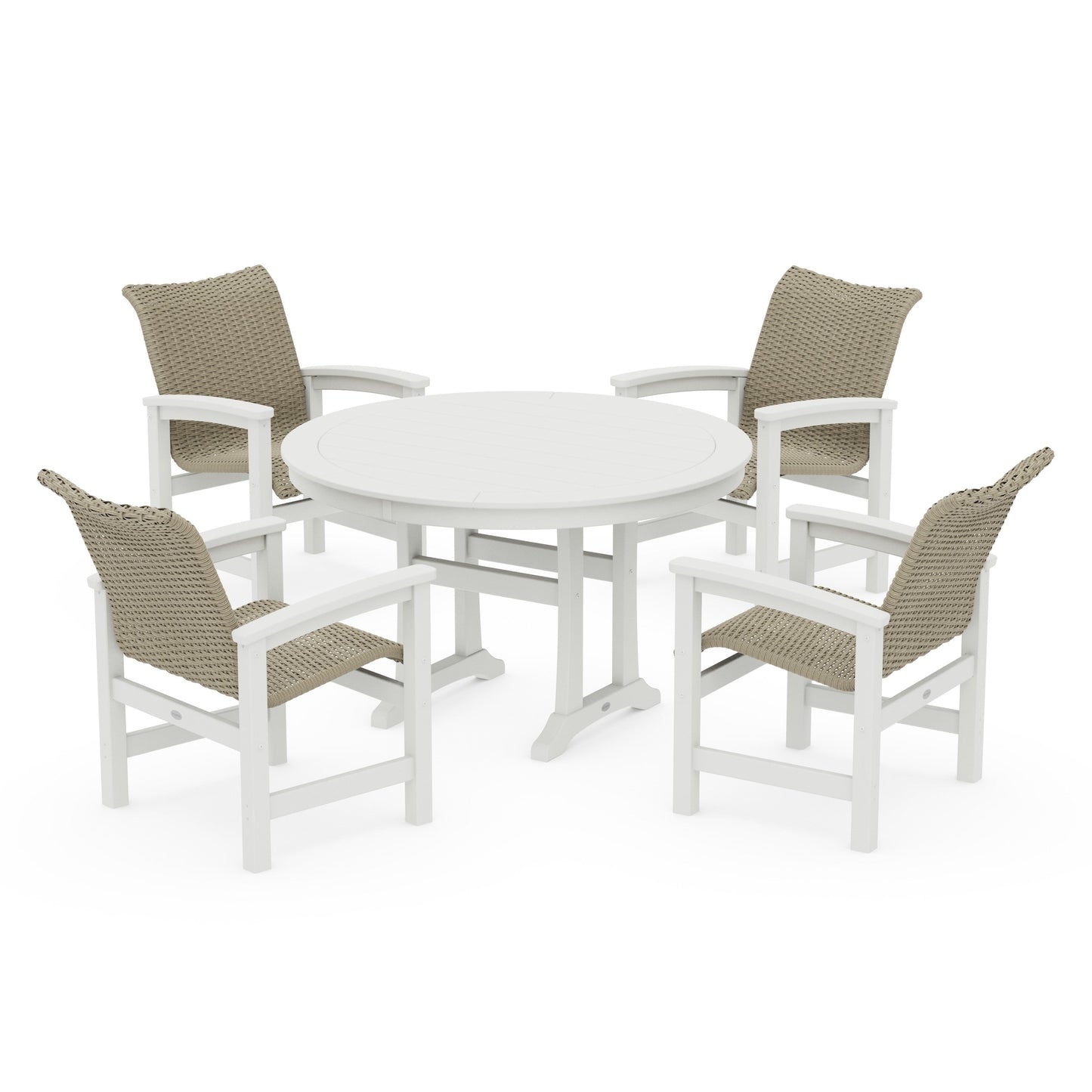 POLYWOOD Coastal Woven 5-Piece Round Dining Set with Trestle Legs — White / Dune Grass
