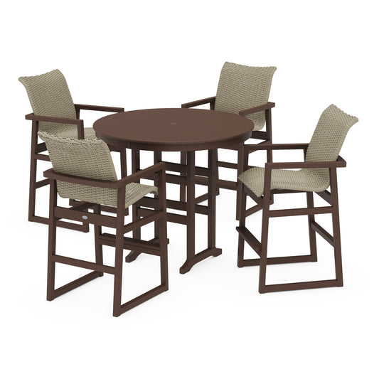 POLYWOOD EDGE Woven 5-Piece Round Farmhouse Bar Set — Mahogany / Dune Grass