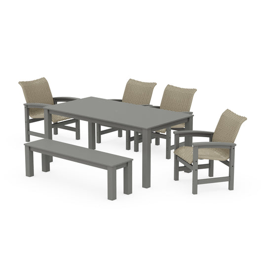 POLYWOOD Coastal Woven 6-Piece Parsons Dining Set with Bench — Slate Grey / Dune Grass