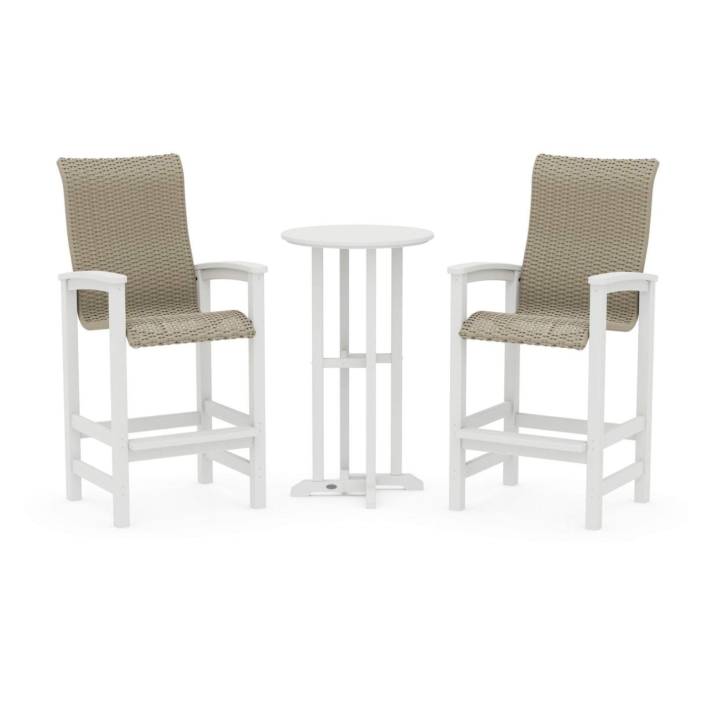 POLYWOOD Coastal Woven High-Back 3-Piece Farmhouse Bar Set — White / Dune Grass