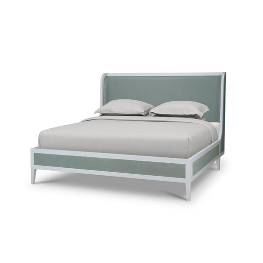 Bramble Mornington King Upholstered & Linen Wrapped Bed with True White Frame Yuko Sky Performance Fabric & Pale Blue Linen