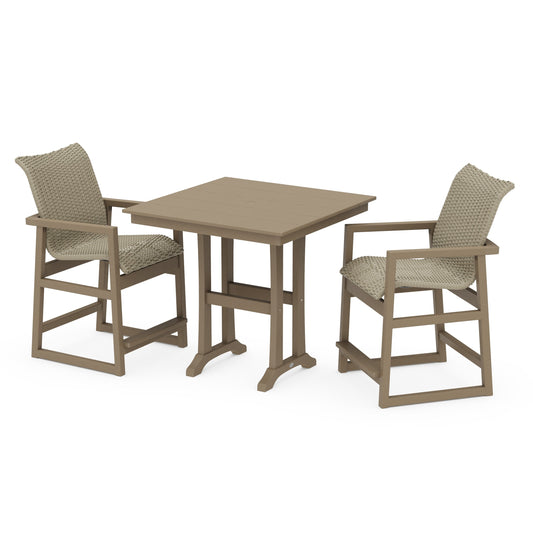 POLYWOOD EDGE Woven 3-Piece Farmhouse Counter Set with Trestle Legs — Vintage Sahara / Dune Grass