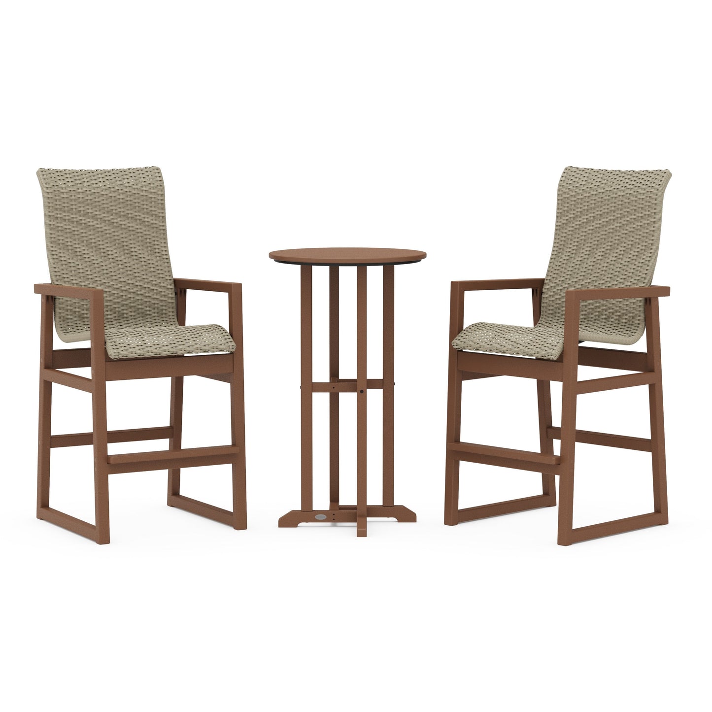 POLYWOOD EDGE Woven Highback 3-Piece Farmhouse Bar Set — Teak / Dune Grass