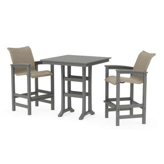 POLYWOOD Coastal Woven 3-Piece Farmhouse Bar Set with Trestle Legs — Slate Grey / Dune Grass