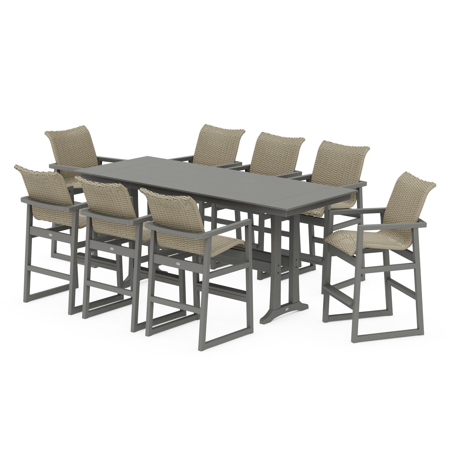 POLYWOOD EDGE Woven 9-Piece Farmhouse Bar Set with Trestle Legs — Slate Grey / Dune Grass