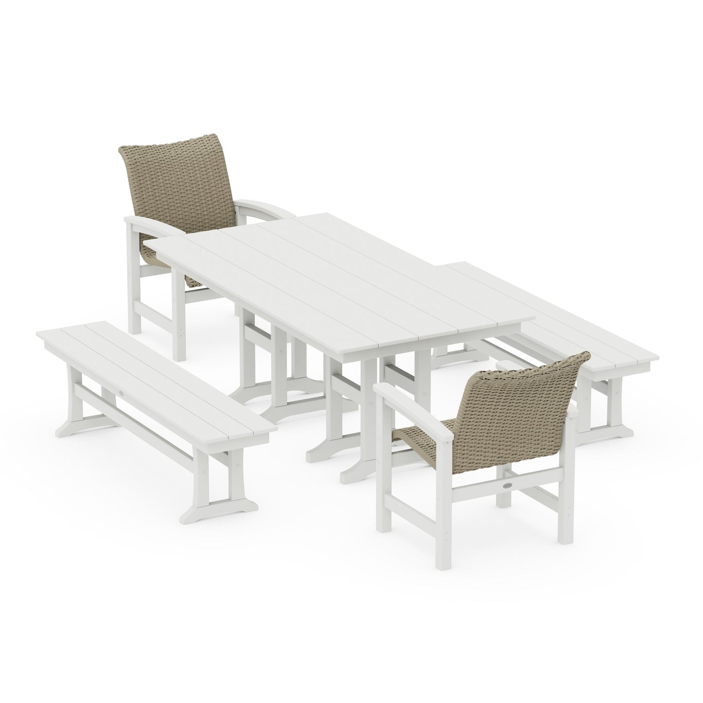 POLYWOOD Coastal Woven 5-Piece Farmhouse Dining Set with Benches — White / Dune Grass