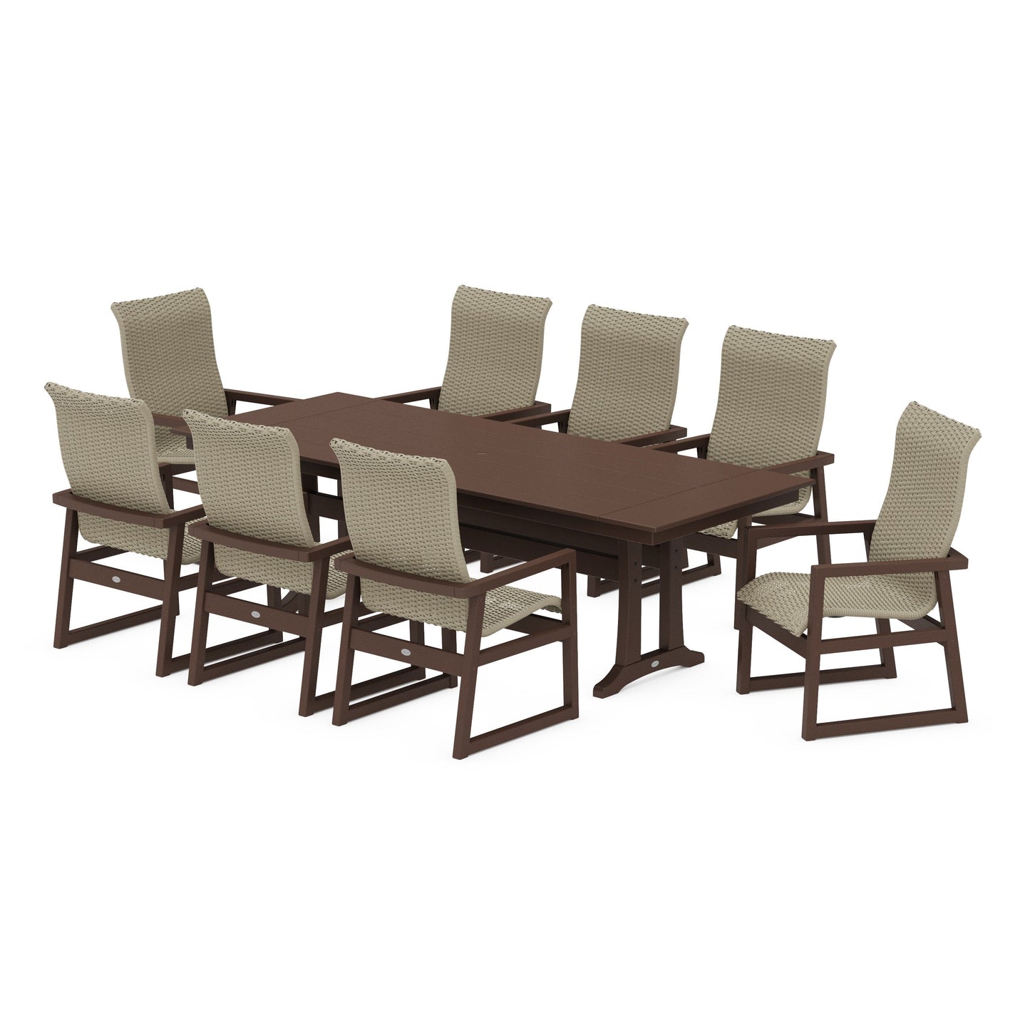 POLYWOOD EDGE Woven Highback 9-Piece Farmhouse Dining Set with Trestle Legs — Mahogany / Dune Grass