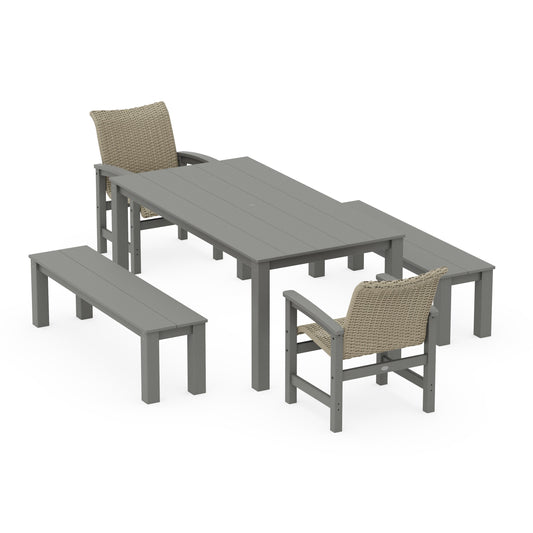 POLYWOOD Coastal Woven 5-Piece Parsons Dining Set with Benches — Slate Grey / Dune Grass