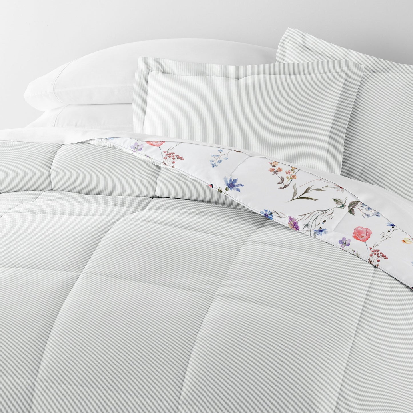 Meadow Floral Stripe Reversible Patterned Down-Alternative Comforter Set