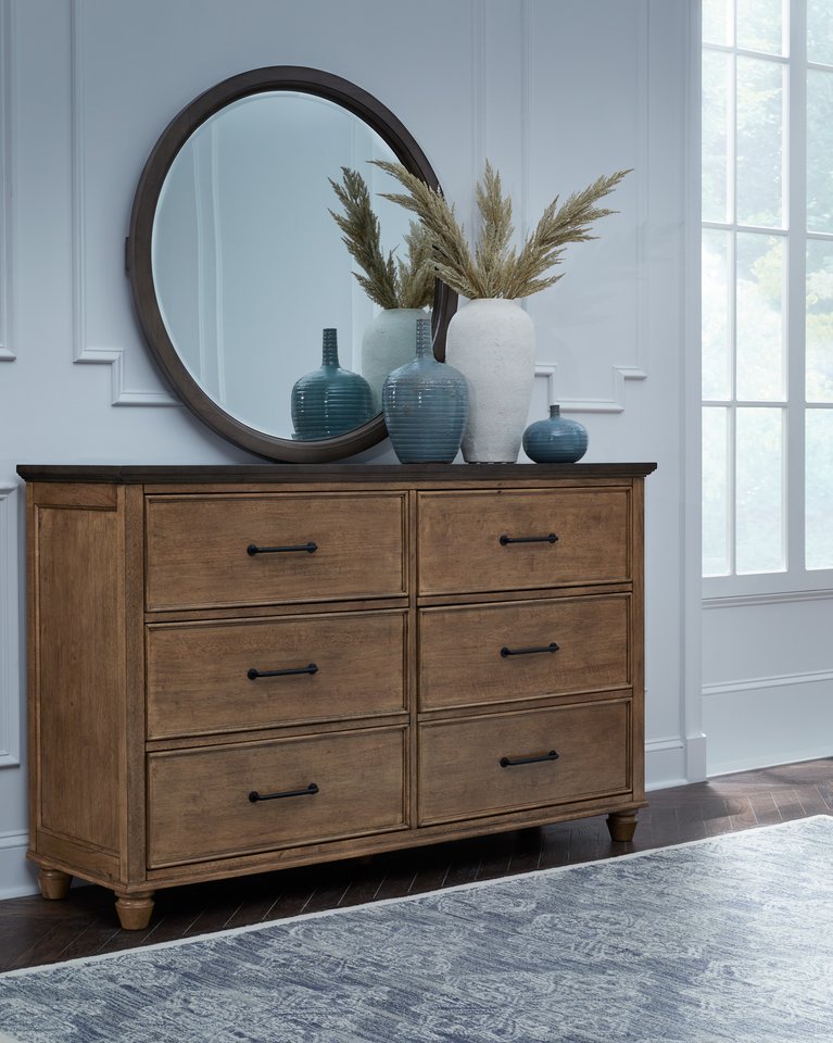 Vista - 6 Drawer Dresser & Round Mirror in Hickory & Coal
