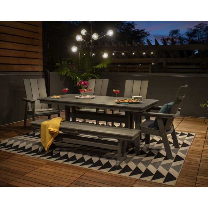 Polywood - Modern Curveback Adirondack 6-Piece Farmhouse Dining Set with Trestle Legs & Bench - FREE SHIPPING