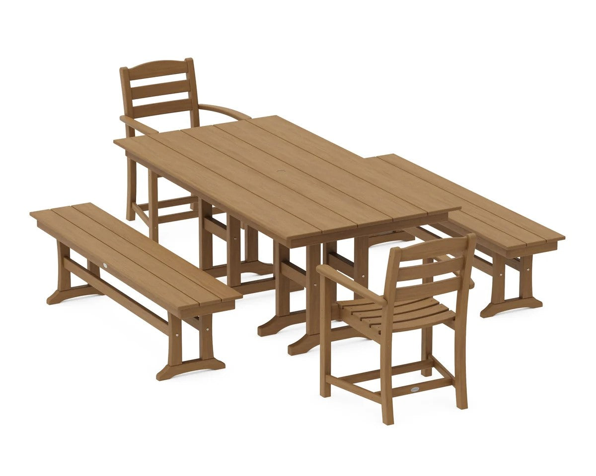 Polywood - La Casa Café 5-Piece Farmhouse Dining Set with Benches - FREE SHIPPING