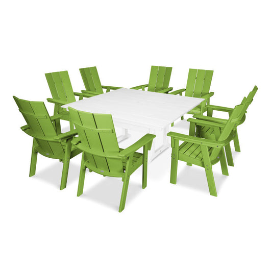 POLYWOOD - Modern Curveback Adirondack 9-Piece Farmhouse Trestle Dining Set - FREE SHIPPING