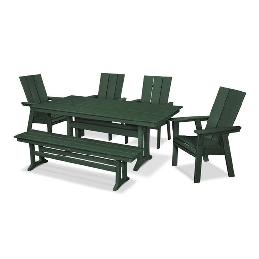 POLYWOOD - Modern Curveback Adirondack 6-Piece Farmhouse Dining Set with Trestle Legs & Bench - FREE SHIPPING